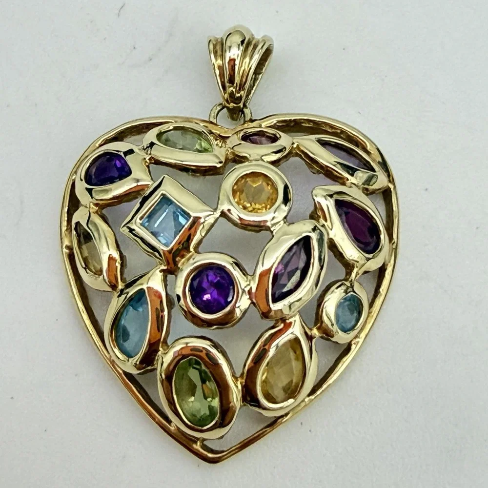 Vtg 10K Yellow Gold Multi-Gemstone Heart Pendant  3.83 Gr Domed Topaz Amethyst